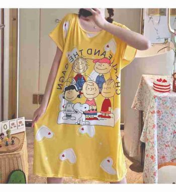 FEMALE NIGHT WEAR (Summer Women Milk Silk Short Sleeve Sleepwear Knee-Length Cartoon Print Loose Nightgown Thin Material Comfortable Home Dress)